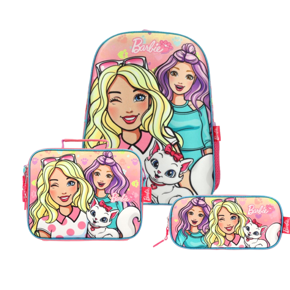 Set Mochila, Lonchera y Estuchera Barbie Kitty Vibes