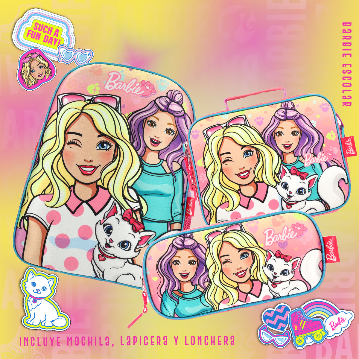 Set Mochila, Lonchera y Estuchera Barbie Kitty Vibes