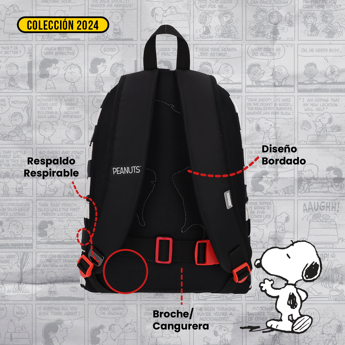 Mochila con cangurera Peanuts Snoopy Black and White