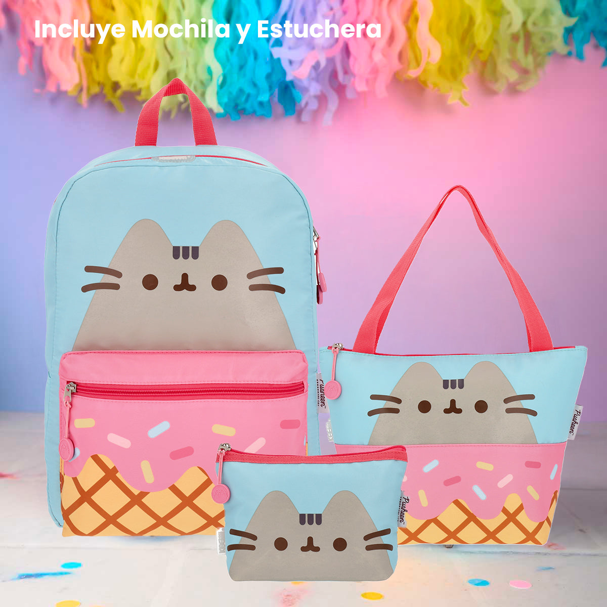 Set Mochila, Lonchera y Estuchera Pusheen Heladero Menta y Fresa