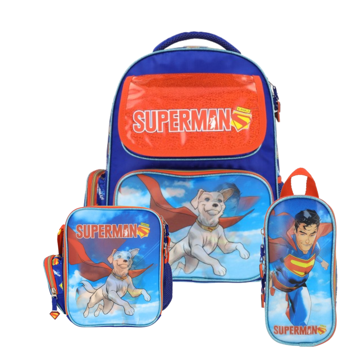 Set Mochila, Lonchera y Estuchera Escolar Superman Krypto Lenticular