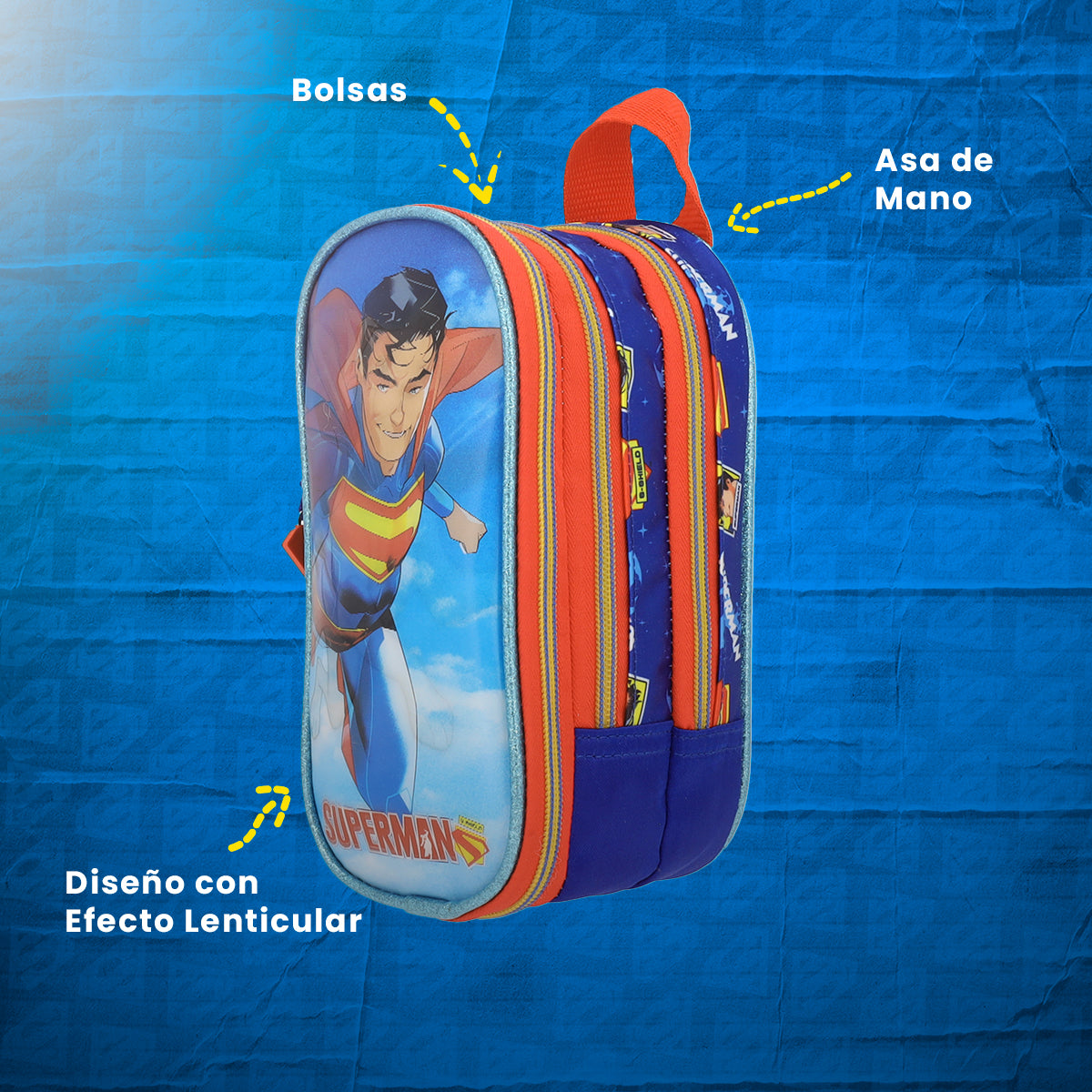 Set Mochila, Lonchera y Estuchera Escolar Superman Krypto Lenticular