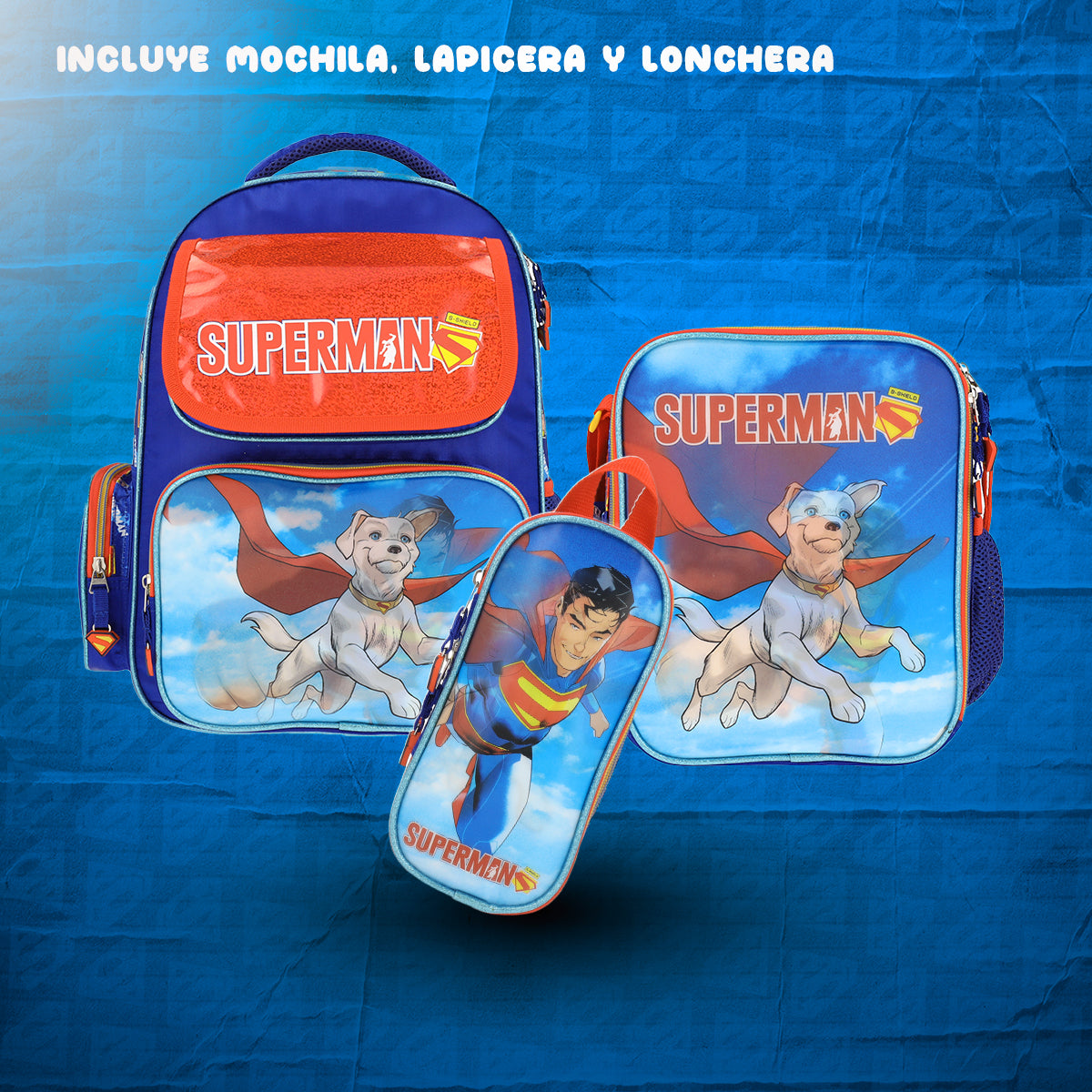 Set Mochila, Lonchera y Estuchera Escolar Superman Krypto Lenticular