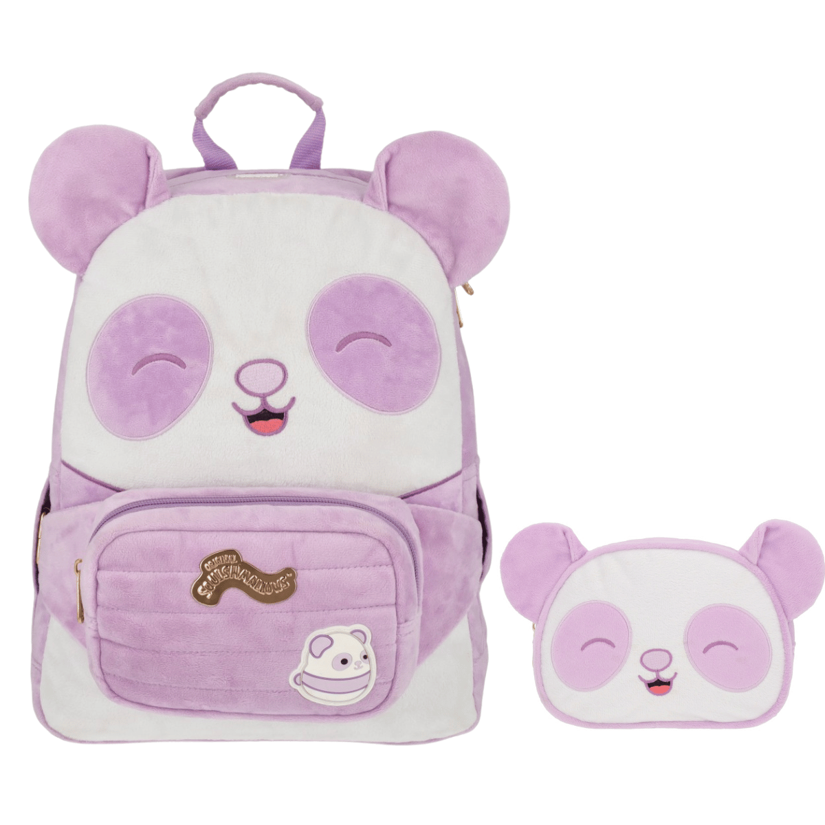 Kit Squishmallows Panda Lila con Cangurera y Cosmetiquera
