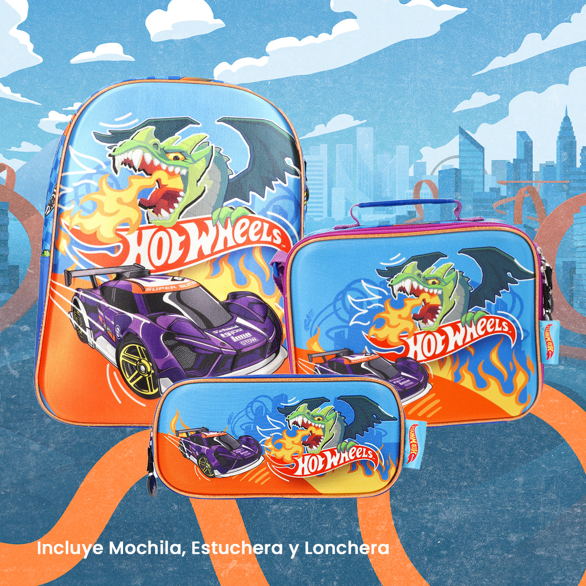 Set Mochila, Lonchera y Lapicera Hot Wheels Nitro Pack