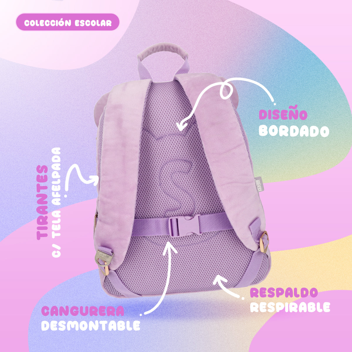 Mochila Squishmallows Panda Lila con cangurera incluida