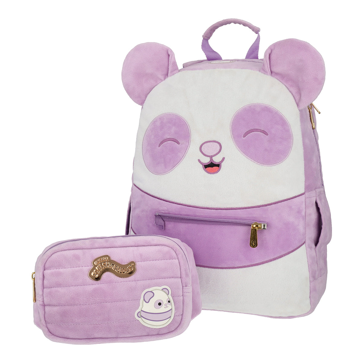 Mochila Squishmallows Panda Lila con cangurera incluida