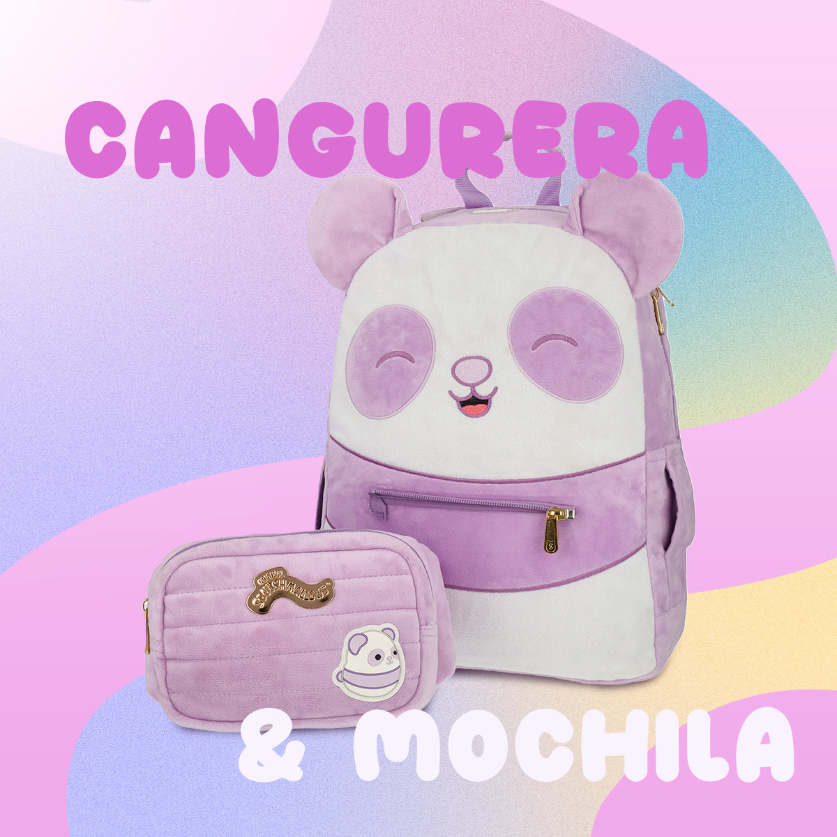 Mochila Squishmallows Panda Lila con cangurera incluida