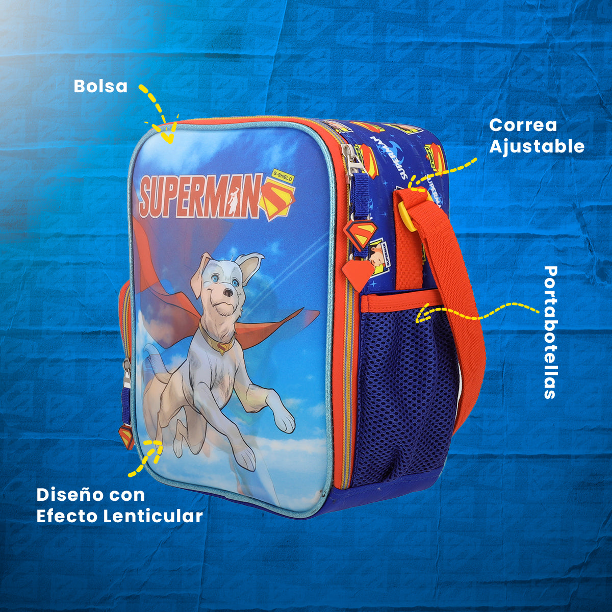 Set Mochila, Lonchera y Estuchera Escolar Superman Krypto Lenticular