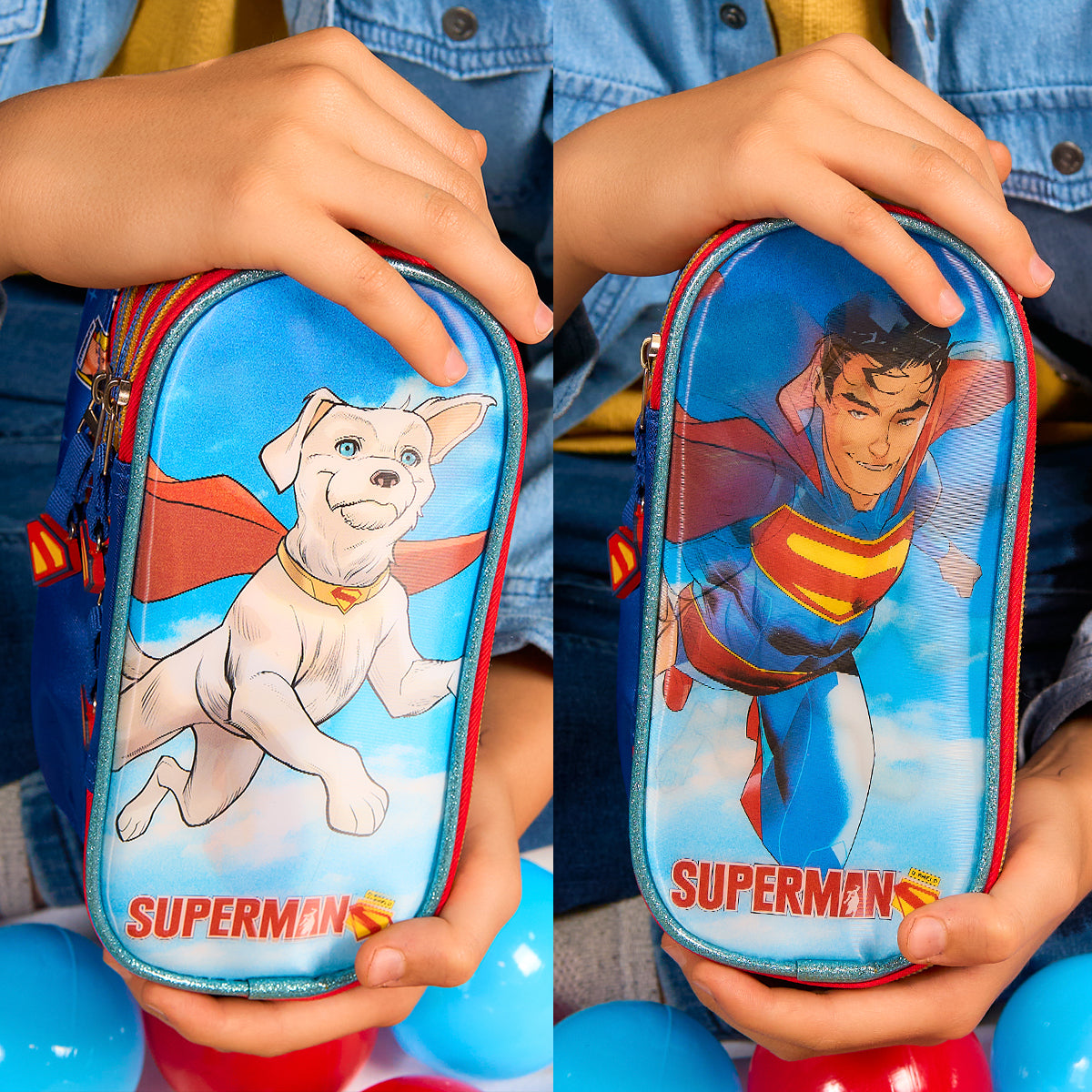 Set Mochila, Lonchera y Estuchera Escolar Superman Krypto Lenticular