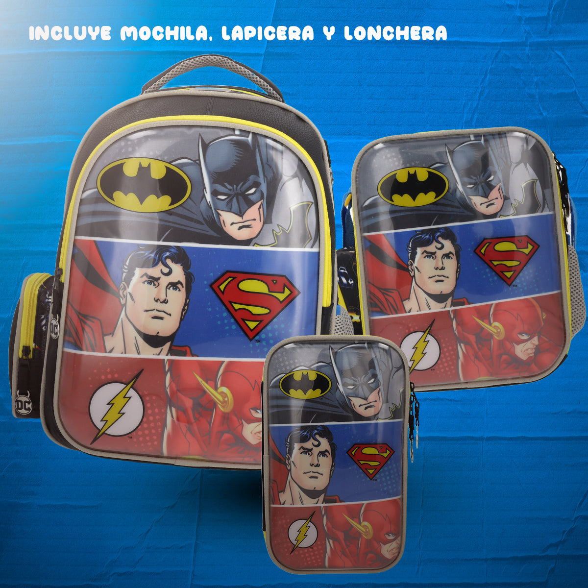 Set Mochila, Lonchera y Estuchera Escolar Justice League